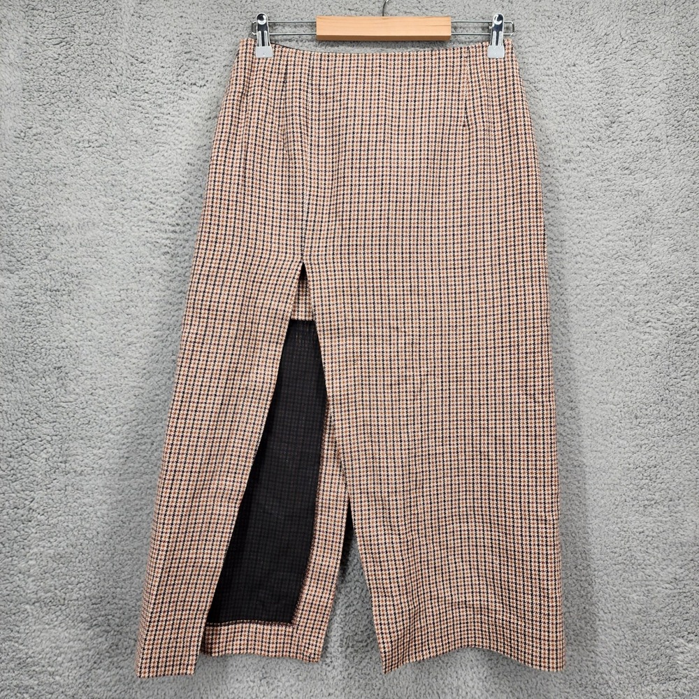 Maje Brown Houndstooth Midi Skirt Front Slit High Waist Size 38 FR Womens